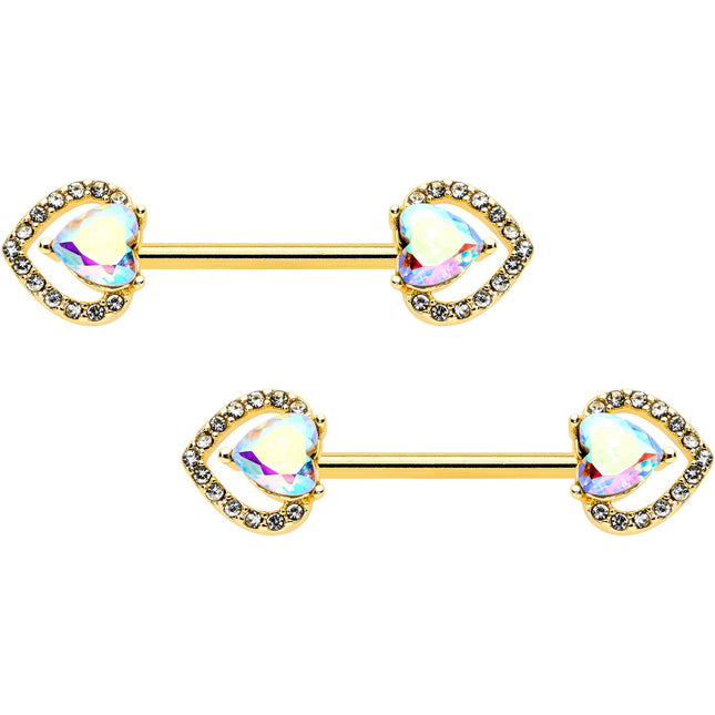14G 9/16 Aurora Gem Gold Hue Rococo Heart Barbell Nipple Ring Set