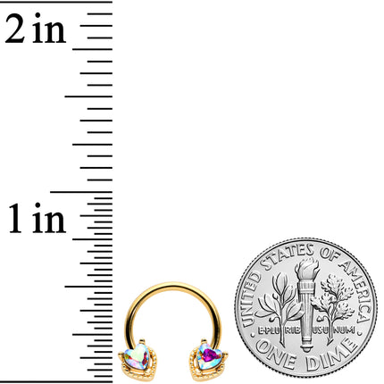 16G 3/8 Aurora Gem Gold Tone Duo Heart Horseshoe Circular Barbell