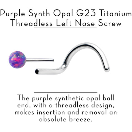 20G 1/4 Purple Synth Opal G23 Titanium Threadless Left Nose Screw