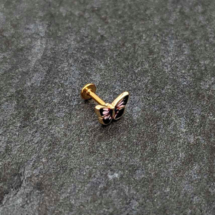 16G 1/4 Gold Tone Red Pink Blue Butterfly Labret Monroe Tragus