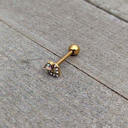 Clear CZ Gem Gold Tone Double Valentine Heart Barbell Tongue Ring