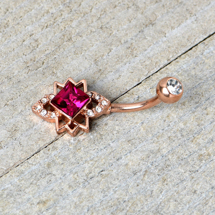 Clear Red Gem Rose Gold Tone Octagram Star Belly Ring