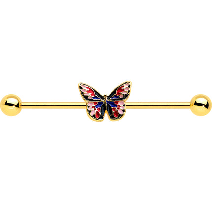 14G Gold Tone Red Blue Pink Butterfly Industrial Barbell 38mm