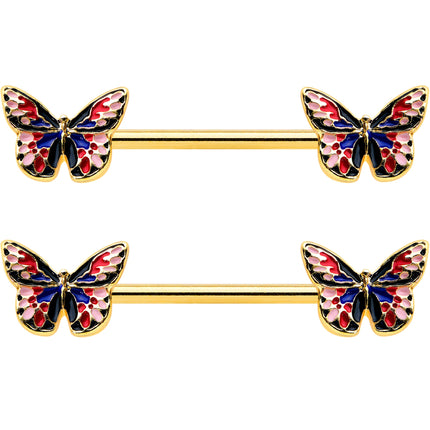 14G 5/8 Gold Tone Pink Blue Red Butterfly Barbell Nipple Ring Set