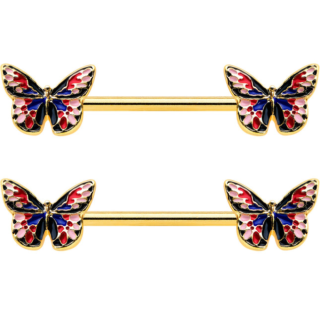 14G 5/8 Gold Tone Pink Blue Red Butterfly Barbell Nipple Ring Set