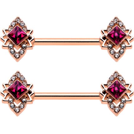 14G 9/16 Red Gem Rosy Tone Octogram Star Barbell Nipple Ring Set