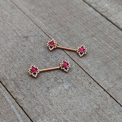 14G 9/16 Red Gem Rosy Tone Octogram Star Barbell Nipple Ring Set