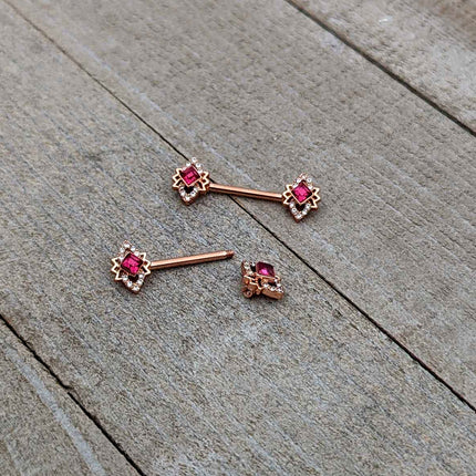 14G 9/16 Red Gem Rosy Tone Octogram Star Barbell Nipple Ring Set