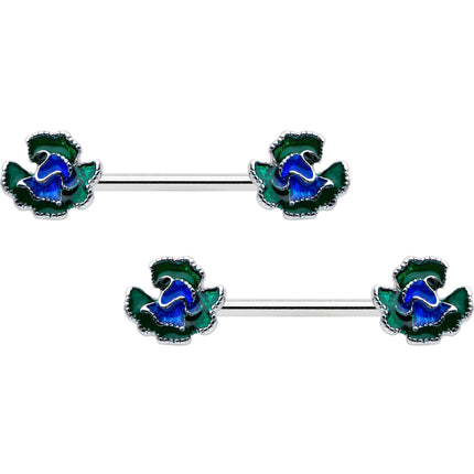 14G 9/16 Spring Flower Blue Green Barbell Nipple Ring Set
