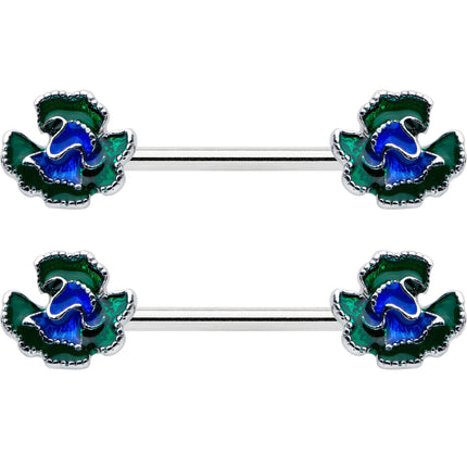 14G 9/16 Spring Flower Blue Green Barbell Nipple Ring Set