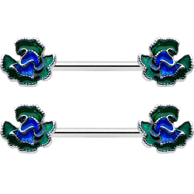 14G 9/16 Spring Flower Blue Green Barbell Nipple Ring Set