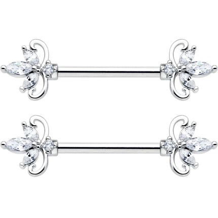 14G 9/16 Clear CZ Gem Double Heart Baroque Barbell Nipple Ring Set