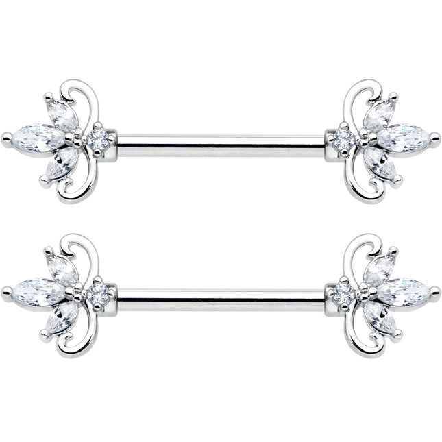 14G 9/16 Clear CZ Gem Double Heart Baroque Barbell Nipple Ring Set
