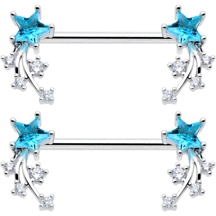 14G 9/16 Blue Clear CZ Gem Shooting Star Barbell Nipple Ring Set