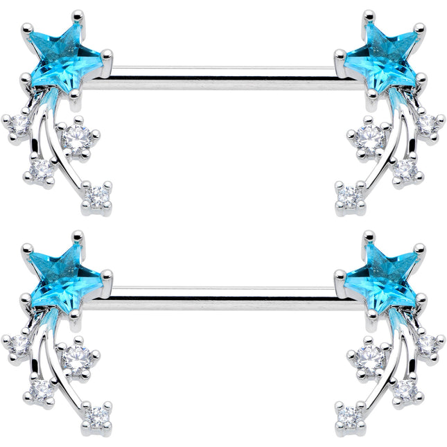 14G 9/16 Blue Clear CZ Gem Shooting Star Barbell Nipple Ring Set