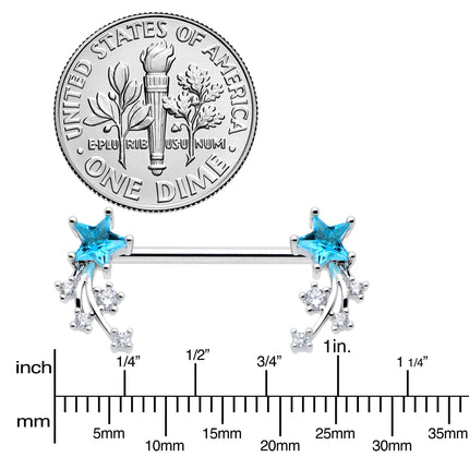 14G 9/16 Blue Clear CZ Gem Shooting Star Barbell Nipple Ring Set