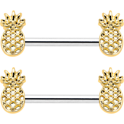 14G 9/16 Lacy Golden Pineapples Barbell Nipple Ring Set