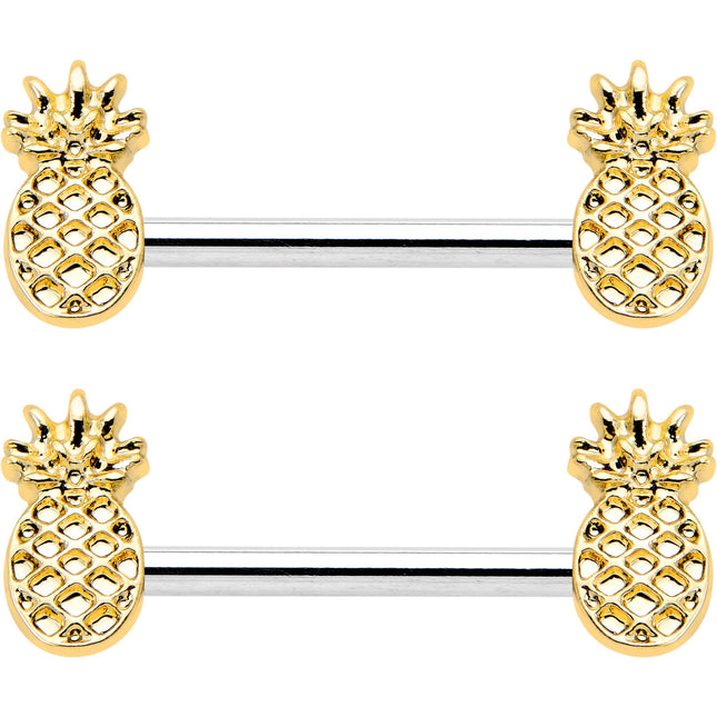 14G 9/16 Lacy Golden Pineapples Barbell Nipple Ring Set