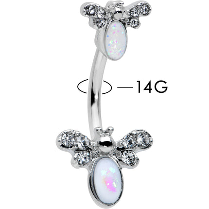 White Faux Opal Clear Gem Double Butterfly Double Mount Belly Ring