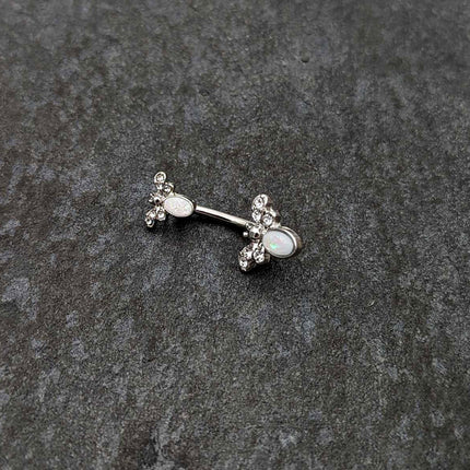 White Faux Opal Clear Gem Double Butterfly Double Mount Belly Ring