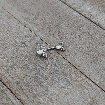 White Faux Opal Clear Gem Double Butterfly Double Mount Belly Ring