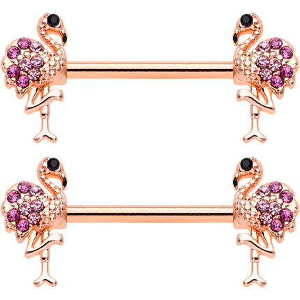 14G 9/16  Pink Gem Rose Gold Hue Fashion Flamingo Nipple Ring Set