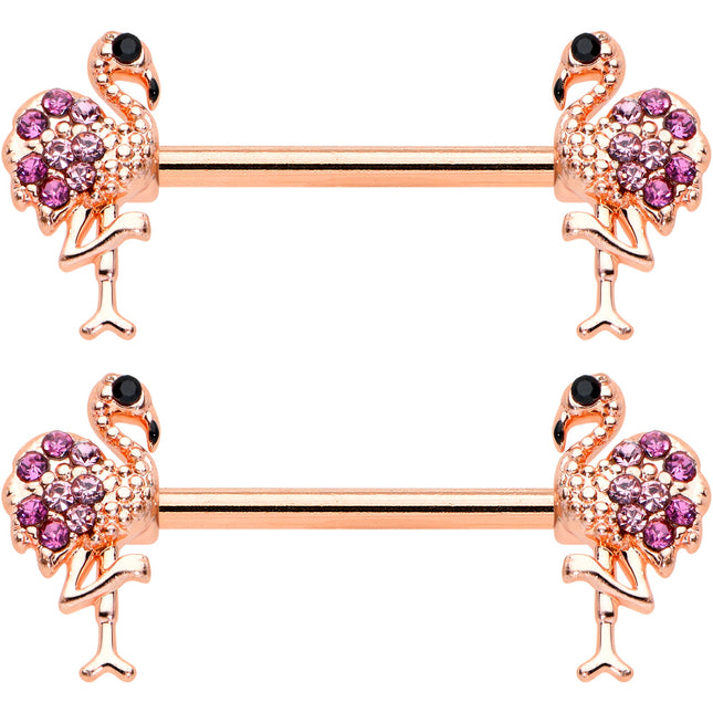 14G 9/16  Pink Gem Rose Gold Hue Fashion Flamingo Nipple Ring Set