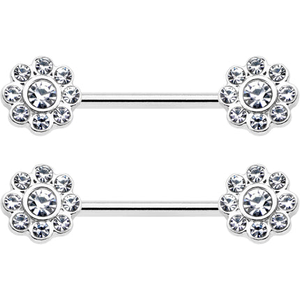 14G 9/16 Clear Gem Whimsy Flower Barbell Nipple Ring Set