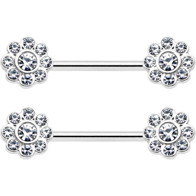14G 9/16 Clear Gem Whimsy Flower Barbell Nipple Ring Set