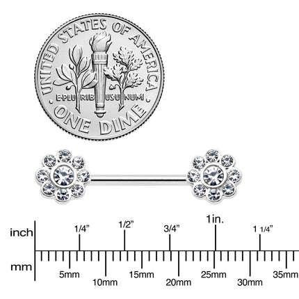 14G 9/16 Clear Gem Whimsy Flower Barbell Nipple Ring Set
