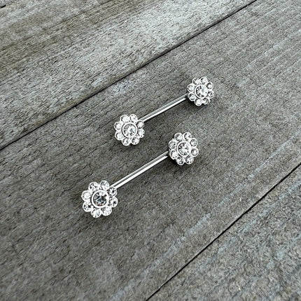14G 9/16 Clear Gem Whimsy Flower Barbell Nipple Ring Set