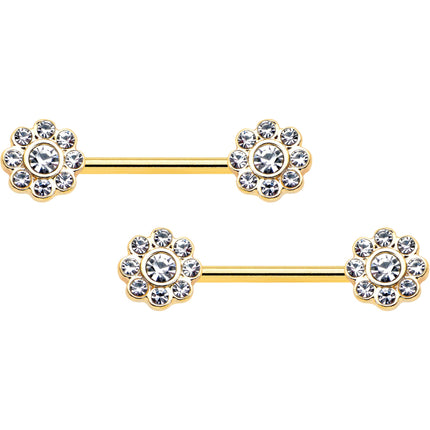 14G 9/16 Clear Gem Gold Tone Whimsy Flower Barbell Nipple Ring Set