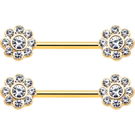 14G 9/16 Clear Gem Gold Tone Whimsy Flower Barbell Nipple Ring Set
