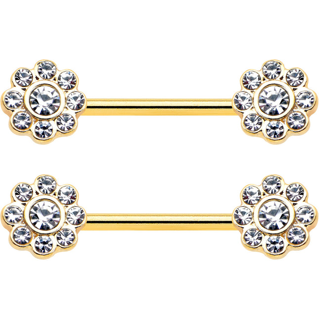 14G 9/16 Clear Gem Gold Tone Whimsy Flower Barbell Nipple Ring Set