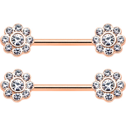 14G 9/16 Clear Gem Rosy Tone Whimsy Flower Barbell Nipple Ring Set
