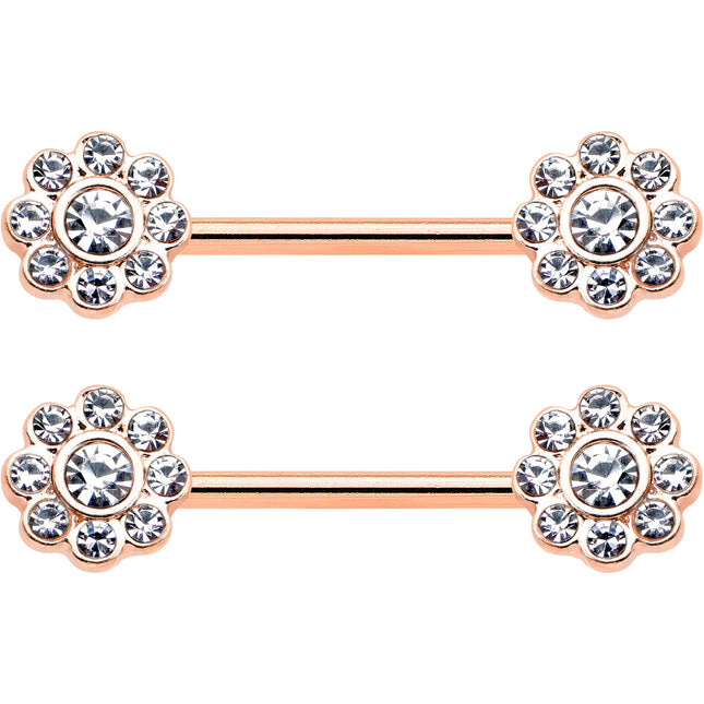 14G 9/16 Clear Gem Rosy Tone Whimsy Flower Barbell Nipple Ring Set