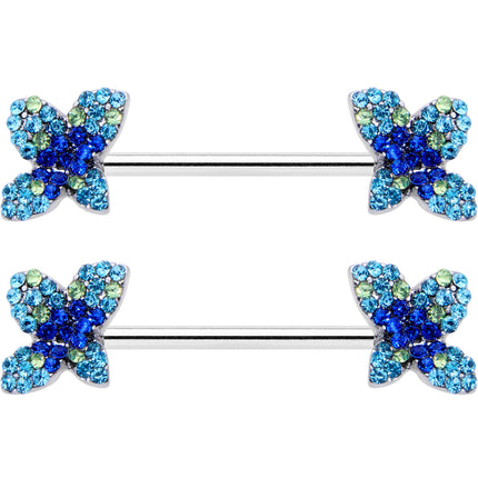 14G 9/16 Blue Gem Glamour Butterfly Barbell Nipple Ring Set
