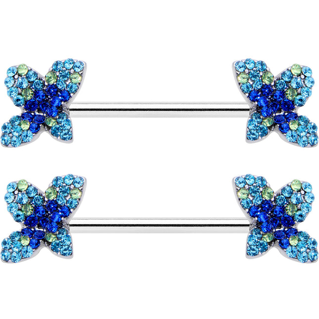 14G 9/16 Blue Gem Glamour Butterfly Barbell Nipple Ring Set