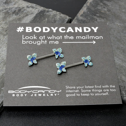 14G 9/16 Blue Gem Glamour Butterfly Barbell Nipple Ring Set