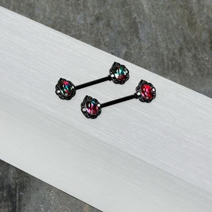 14G 9/16 Purple Tourmaline Black Lacy Drop Barbell Nipple Ring Set