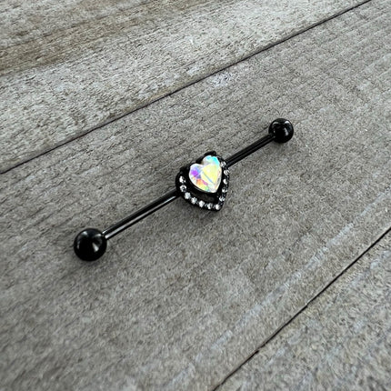 14G Aurora Clear Gem Black Rococo Heart Industrial Barbell 38mm