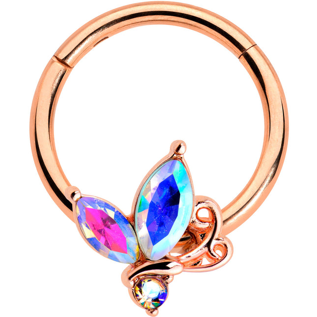 16G 3/8 Aurora CZ Gem Rosy Tone Fleur de Lis Butterfly Hinged Segment Ring