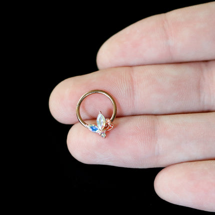 16G 3/8 Aurora CZ Gem Rosy Tone Fleur de Lis Butterfly Hinged Segment Ring
