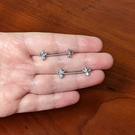 14G 9/16 Aurora CZ Gem Fleur de Lis Butterfly Barbell Nipple Ring Set