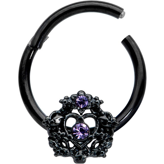 16G 3/8 Purple Gem Black Regal Crown Hinged Segment Ring