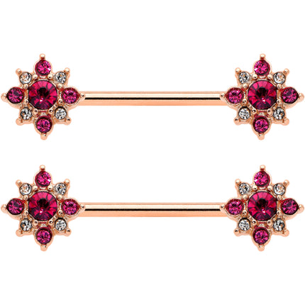 14G Red Gem Rose Gold Tone Rococo Star Barbell Nipple Ring Set
