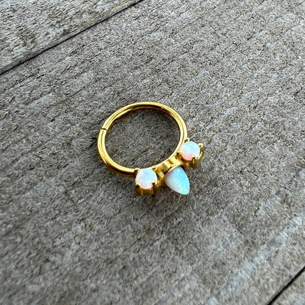 16G 3/8 White Synthetic Opal Gold Tone Trio Point Hinged Segment Ring