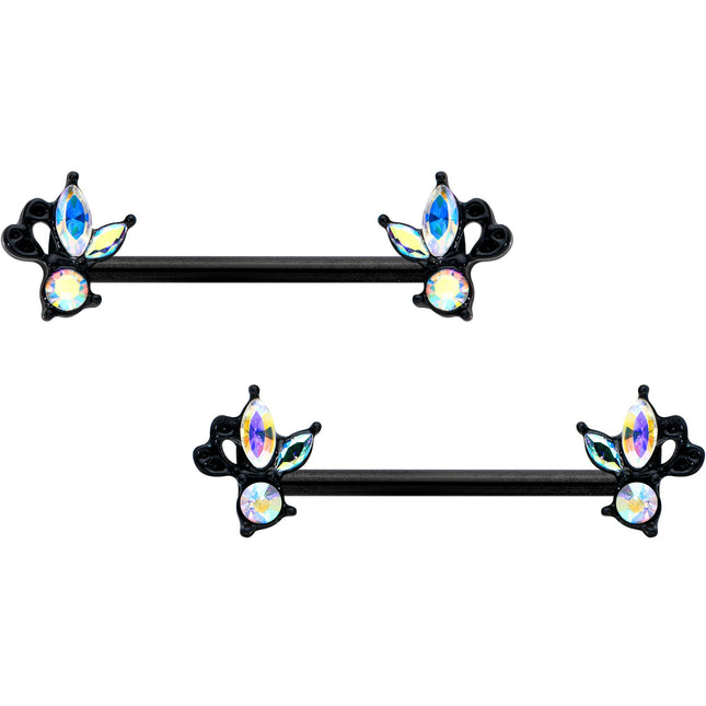 14G 19mm Aurora CZ Gem Black Fleur de Lis Butterfly Barbell Nipple Ring Set
