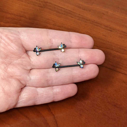 14G 19mm Aurora CZ Gem Black Fleur de Lis Butterfly Barbell Nipple Ring Set