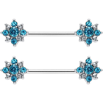 14G 9/16 Clear Blue Gem Opulent Flower Barbell Nipple Ring Set